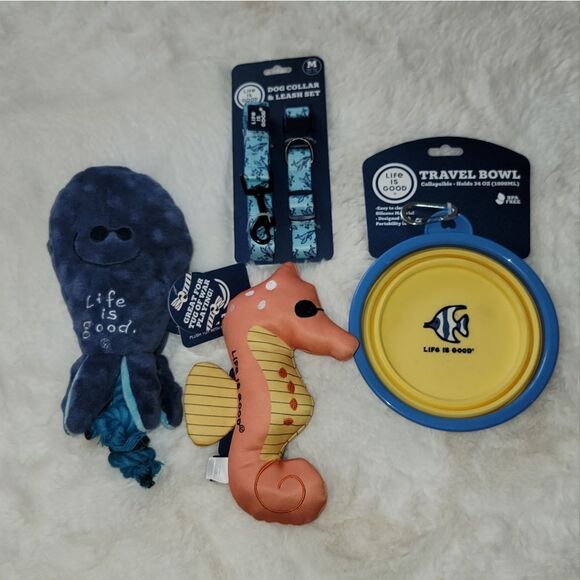 Life is Good Puppy Dog Toys Collapsible Feeding Water Bowl Leash & Collar M New - Picture 1 of 7
